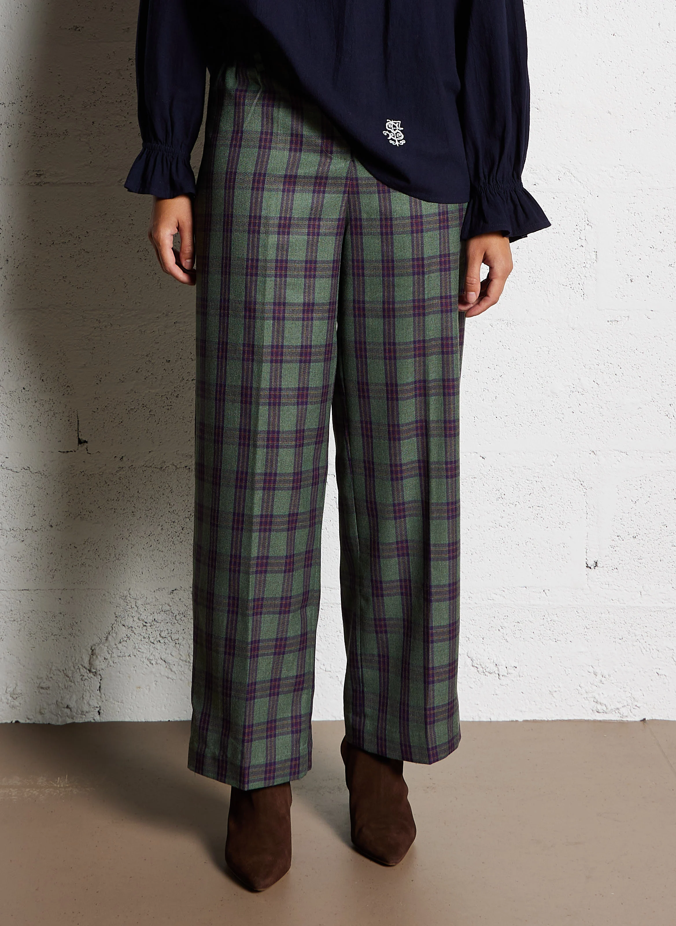 ABUELA - Pantalon large à carreaux| Kaki