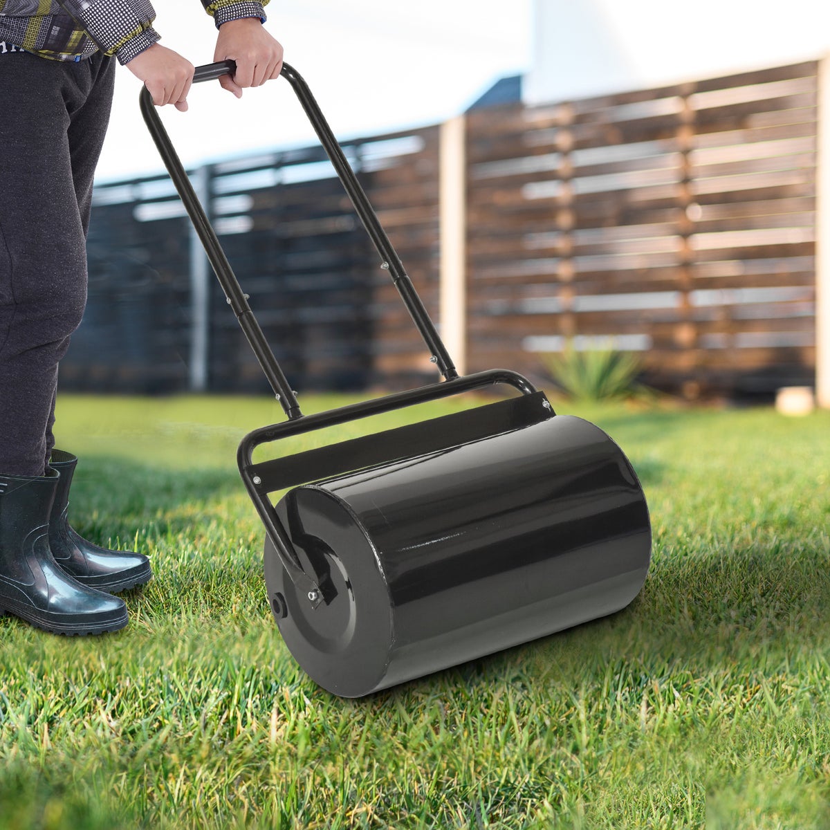 Outsunny gazonrol met U-greep, tuinrol, 32 cm diameter, 38 L watercapaciteit/62 kg, 58 x 32,5 x 113 cm, metaal, zwart