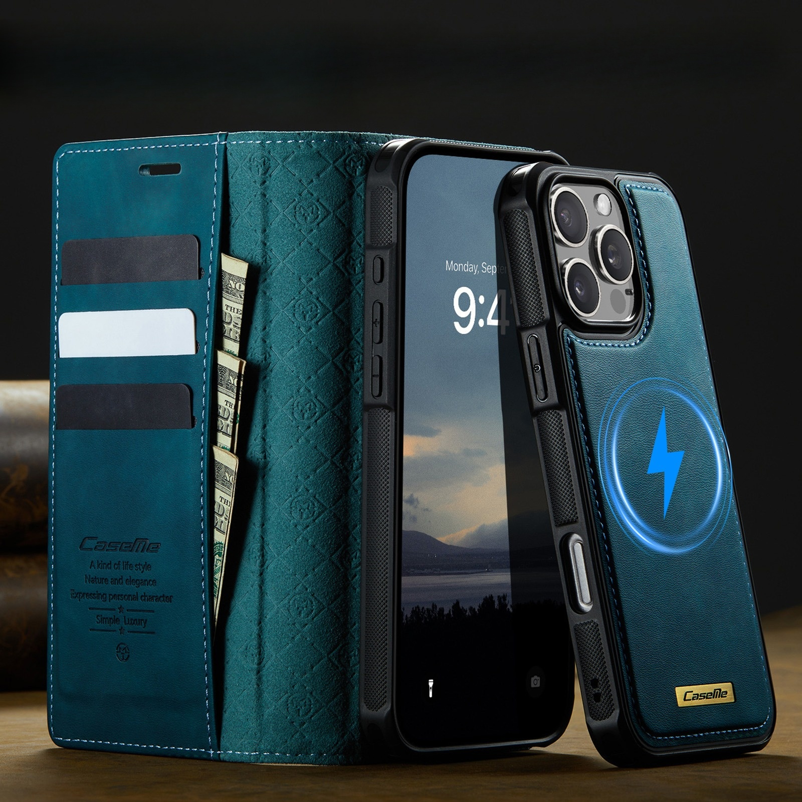 iPhone 16 Pro 2in1 MagSafe Leder Tasche   Magnet Hardcase Karten Etui (RFID Schutz) - Blau