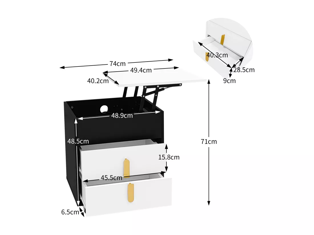 Table de chevet avec port USB - 2 tiroirs & plateau extensible - MDF - Blanc & Noir
