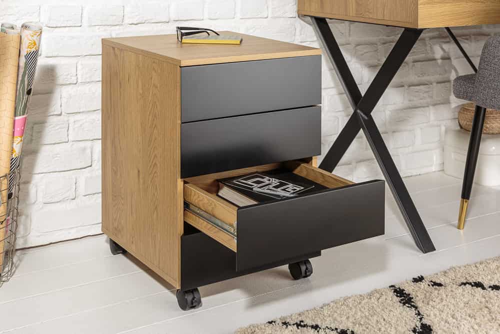 Moderner Rollcontainer STUDIO 40cm Eichenoptik schwarz 4 Schubladen