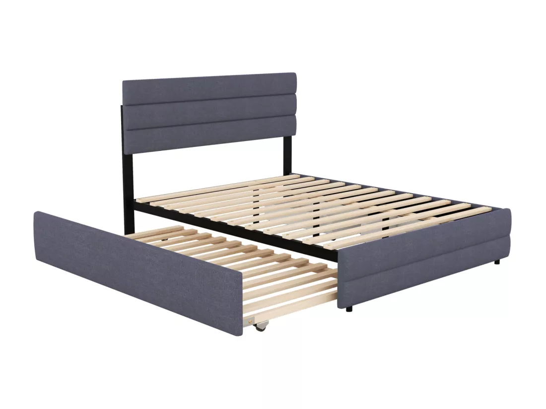 Lit gigogne pour adulte et enfant 140 x 200cm & 90 x 190cm - Lit plate-forme extensible avec 2 tiroirs avec sommier à lattes et tête de lit - gris