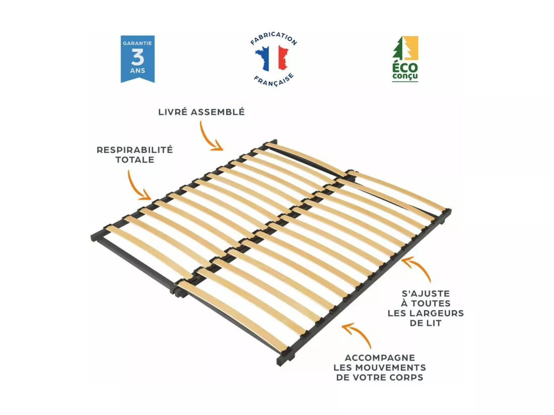 Sommier à lattes de 90 à 160x190 Extensible - 27 lattes bois - Fabrication française
