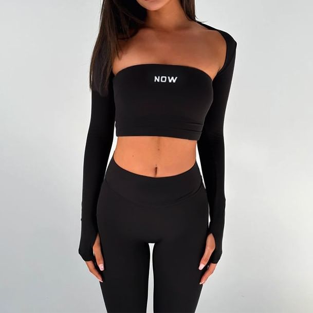 Alizio - Set: Crop top met letterprint + lange mouwen, effen open bolero + high waist flared broek
