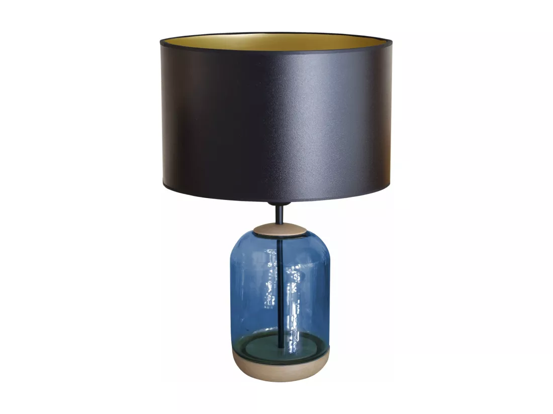 Lampe de chevet cylindre bois,verre,bleu,noir or 53 cm.