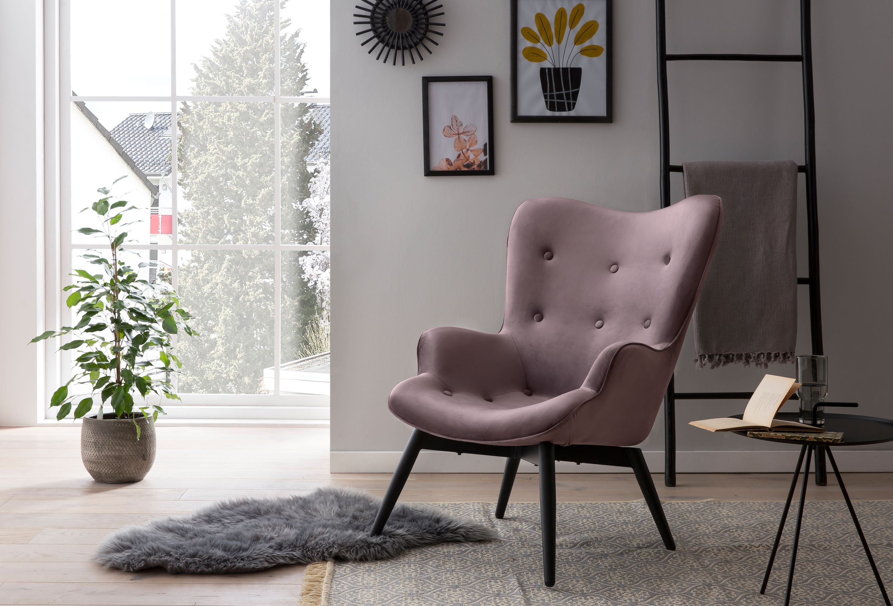 Sessel Rose Samt Relaxsessel Polstersessel Ohrensessel Loungesessel