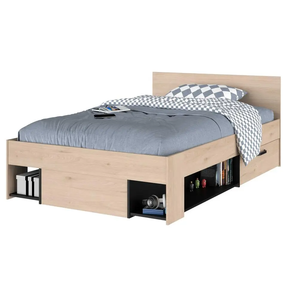 Kinderbed Achiel - 120x200/190cm - met opbergruimte - eikdecor/zwart