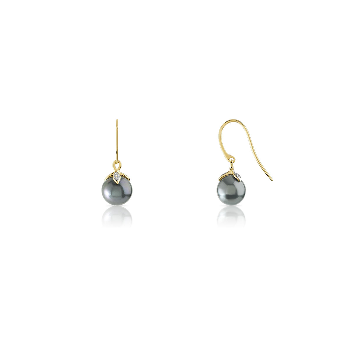 Boucles d'oreilles or 375 2 tons pendants perles de culture de Tahiti et diamants