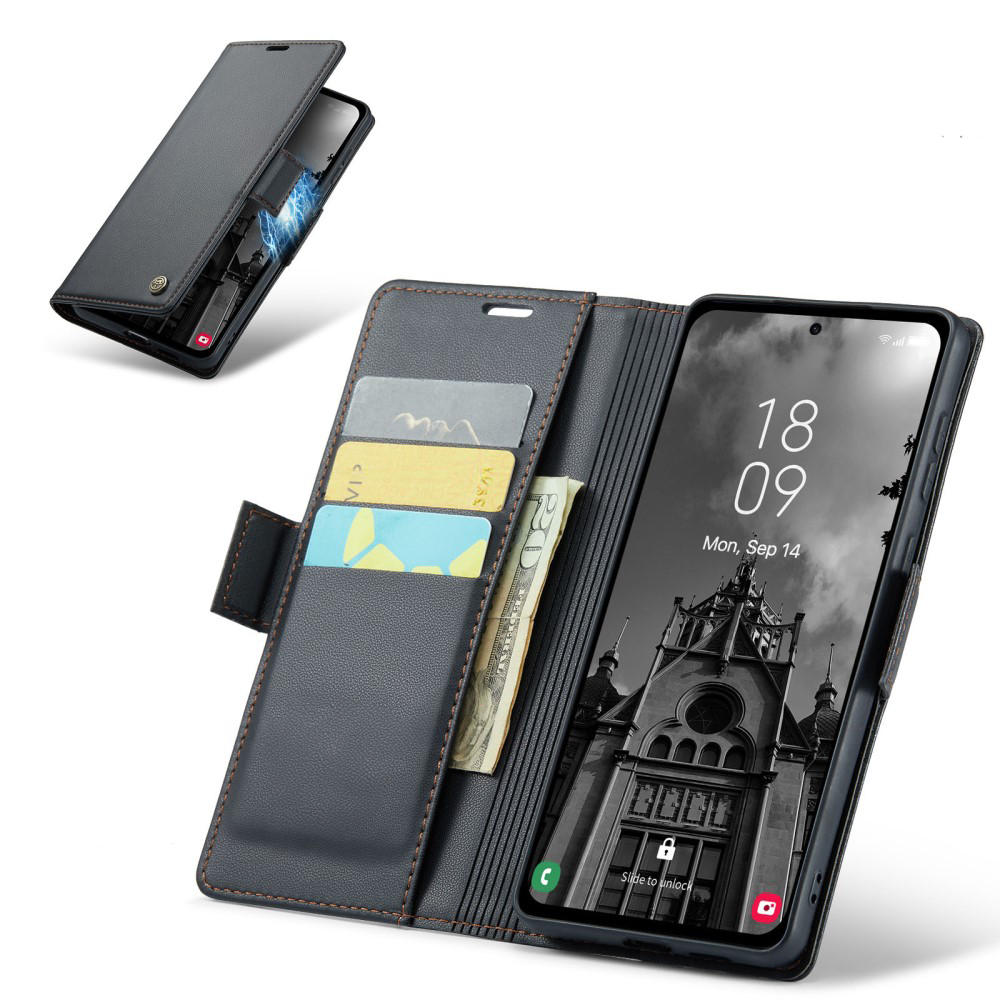 Samsung Galaxy A55 Leder Tasche Flip Wallet Etui mit Kartenfächern Litchi Look (RFID Schutz) - Schwarz