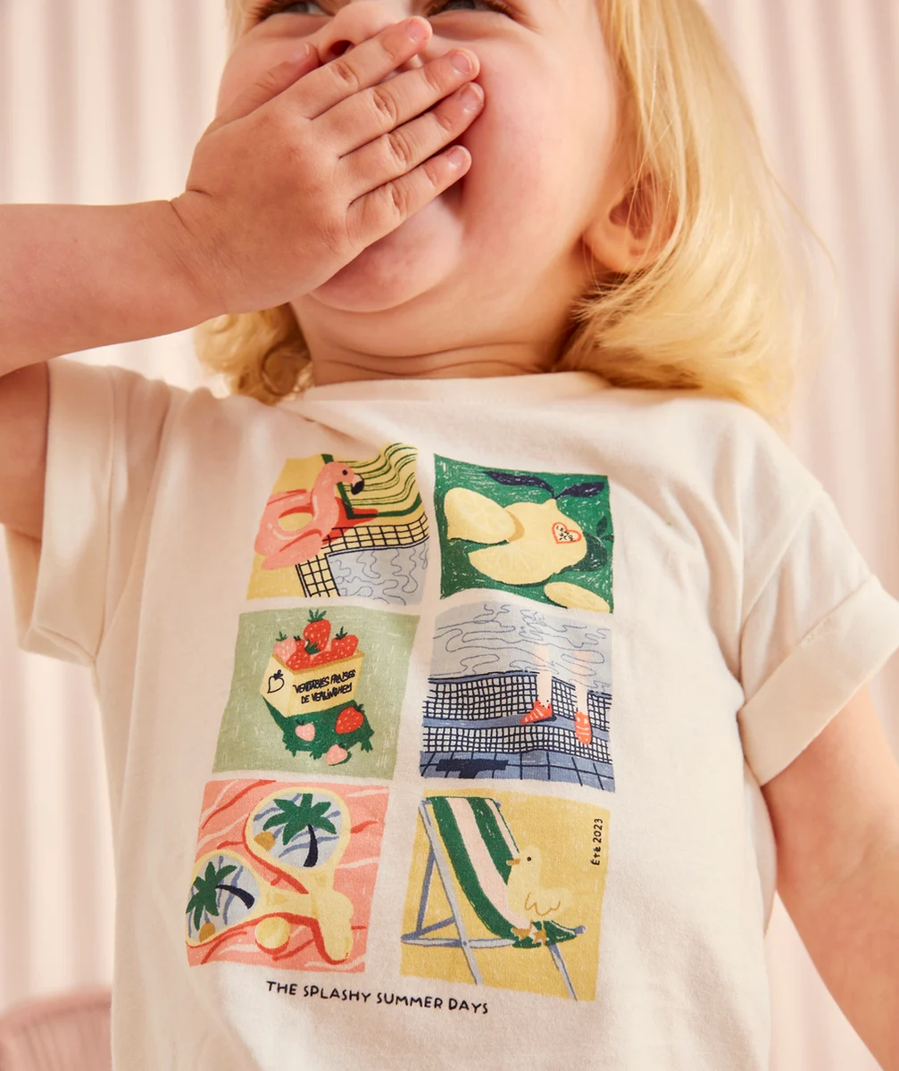 T-SHIRT BÉBÉ FILLE ÉCRU AVEC THÈME ÉTÉ EN COTON BIO