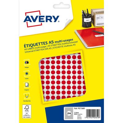 Avery - Etui A5 - 2940 Pastilles adhésives - rouge - diamètre 8 mm
