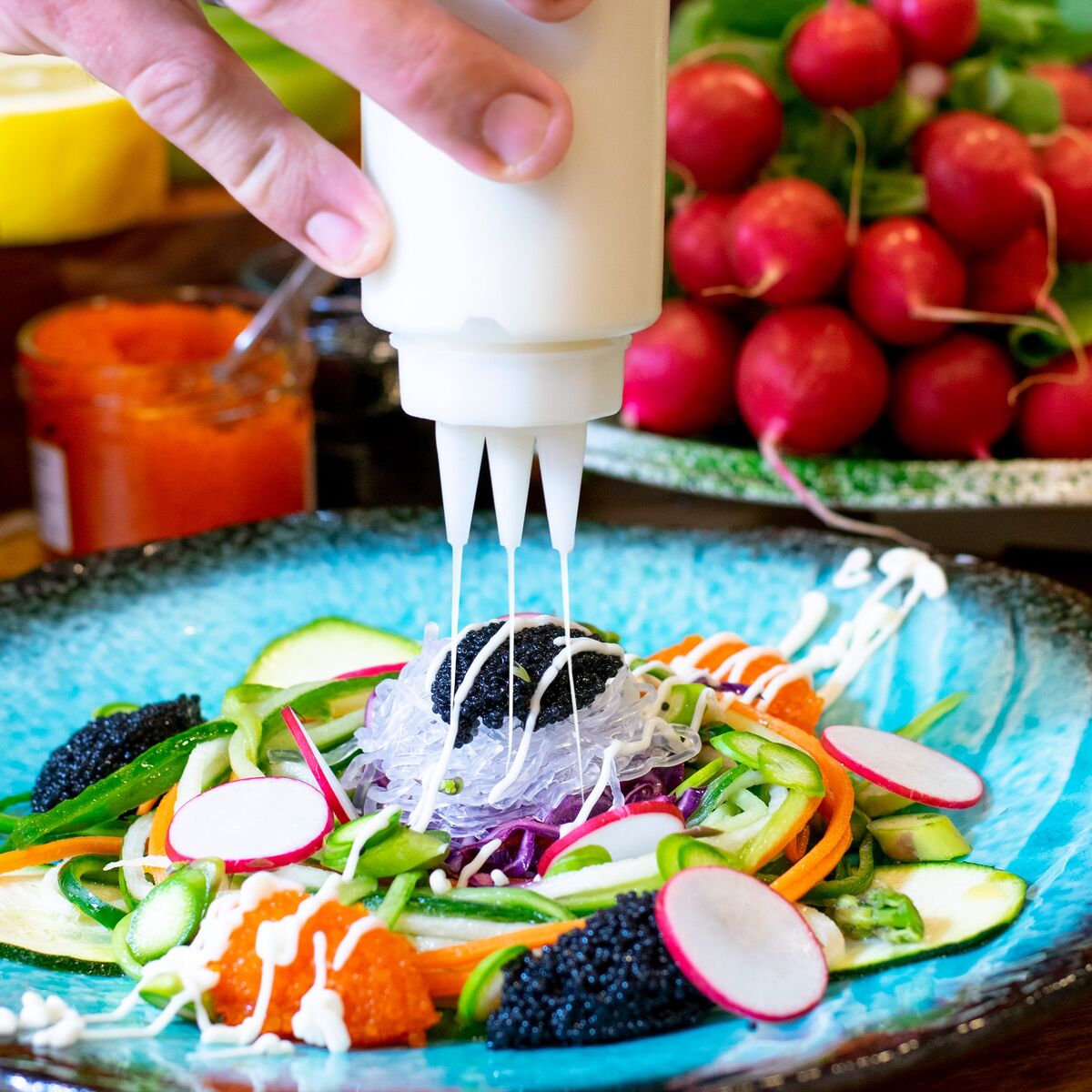Gourmetsett med gassbrenner, saltstein og dressingflaske
