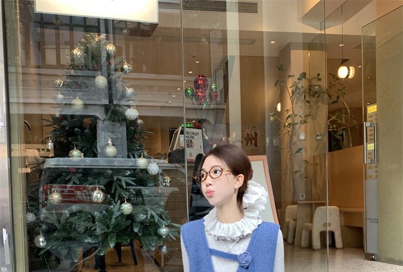 Trendycas - Top met lange mouwen en mockneck, gemêleerde ruches, gebreide top met V-hals en bloemenaccent, vest met elastische taille en bloemenprint in A-lijn