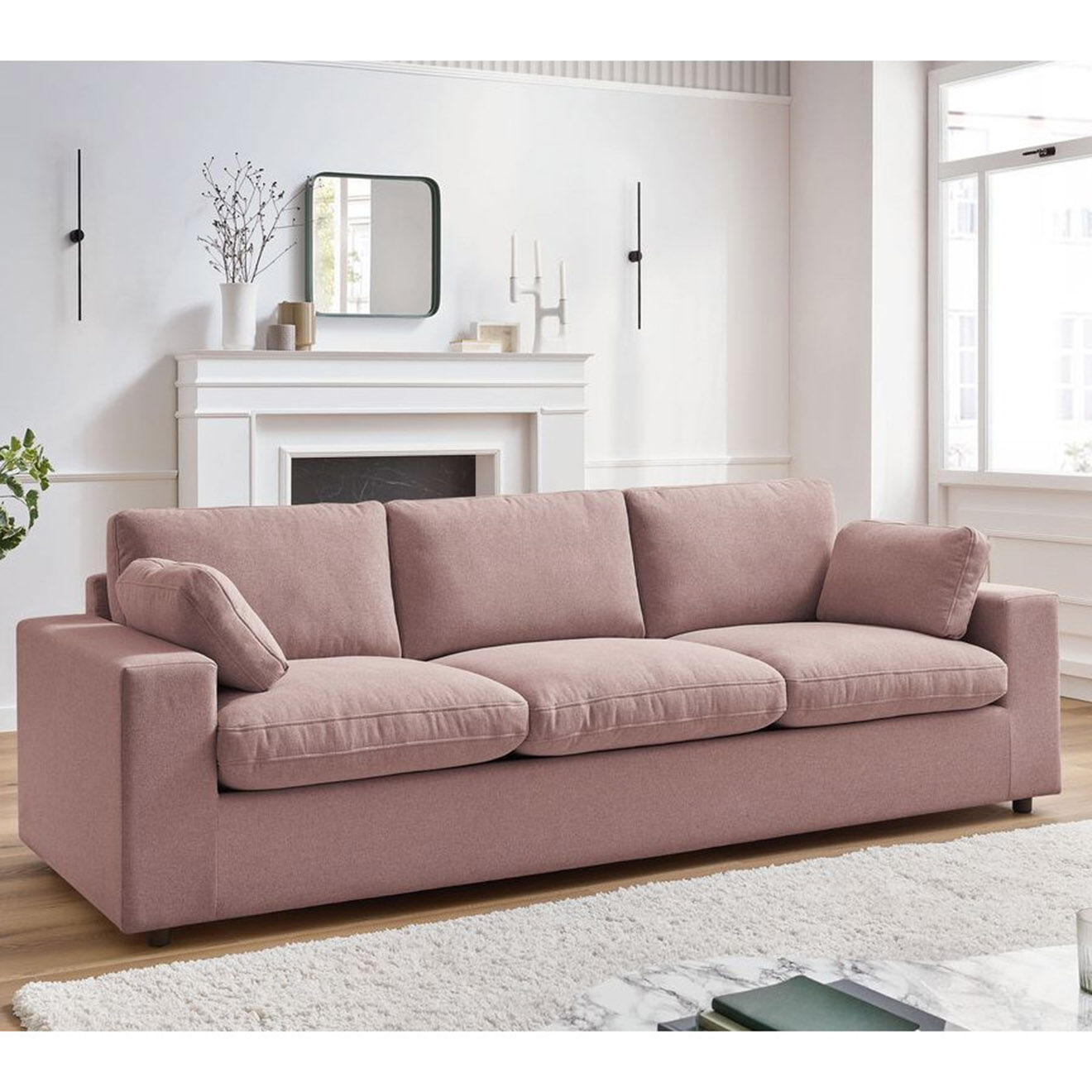 Bobochic Canapé droit fixe 3 places belair rose - 250x93x80 cm