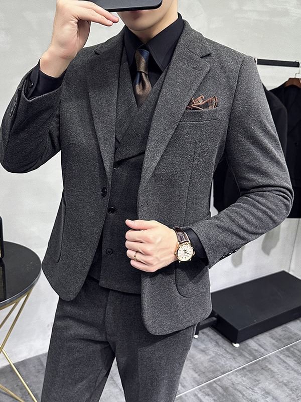 Lefitt - Effen blazer met één knoop / V-hals dubbelrijs vest / Middelhoge taps toelopende pantalon / Set