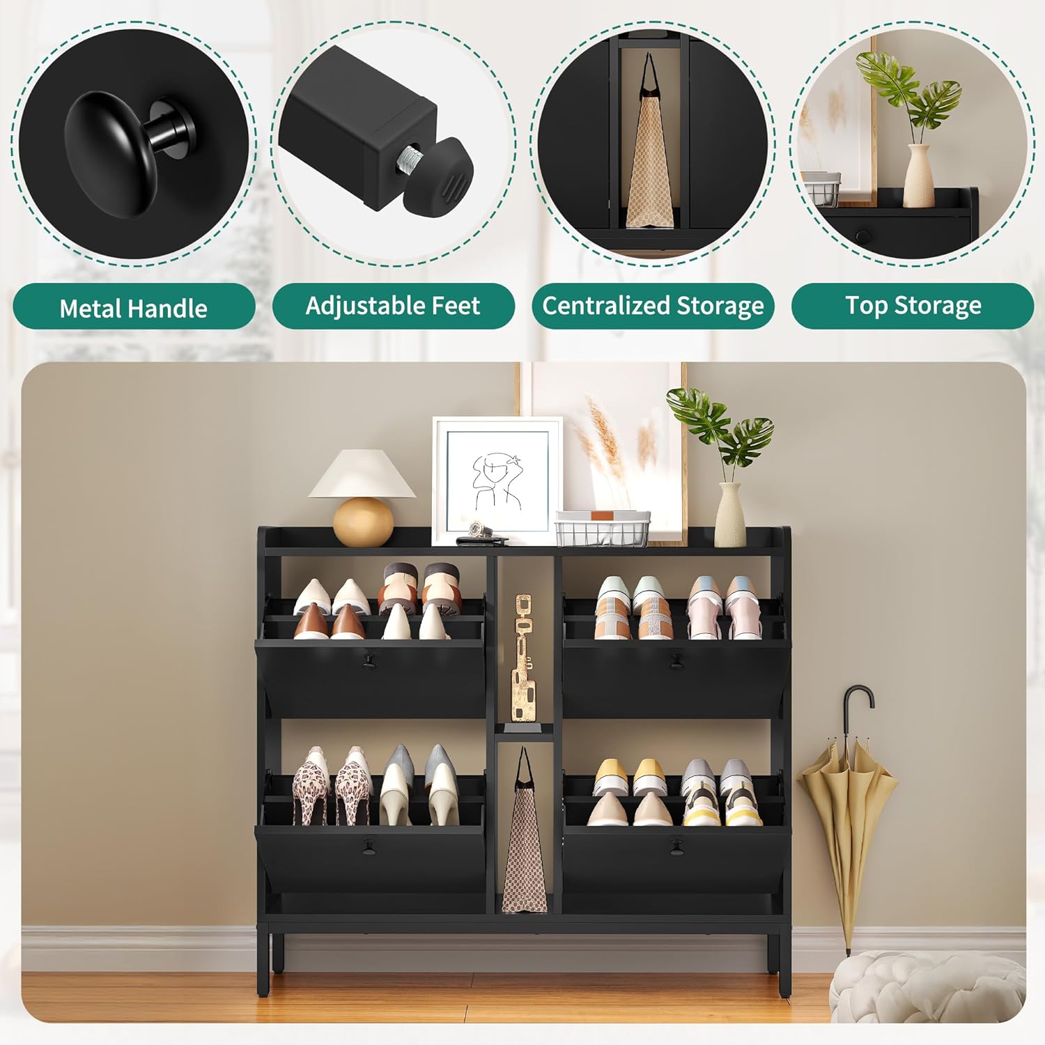 YITAHOME Schuhschrank Schmal mit 4 Klappen, 108 x 27.5 x 95.5 cm für 16 Paar Schuhe mit 2 Offene Regale, Schuhschrank Schwarz, Schuhkipper, Schrank Flur Schuhkommode im Flur, Platzsparend