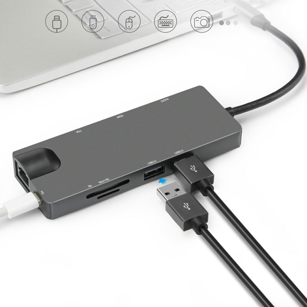 USB C 9 in 1 Multiport Adapter HUB mit USB C / 2x USB 3.0 / HDMI / VGA / RJ45 / 3.5 mm Klinke / SD   MicroSD Kartenlesegerät - Grau