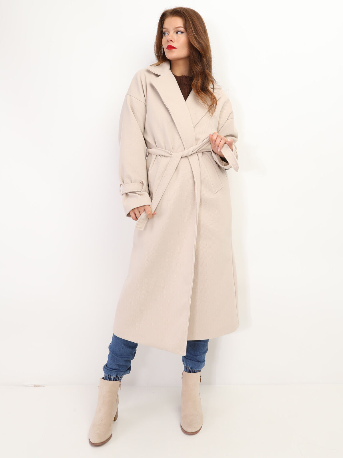 Manteau long oversize à ceinture- Beige