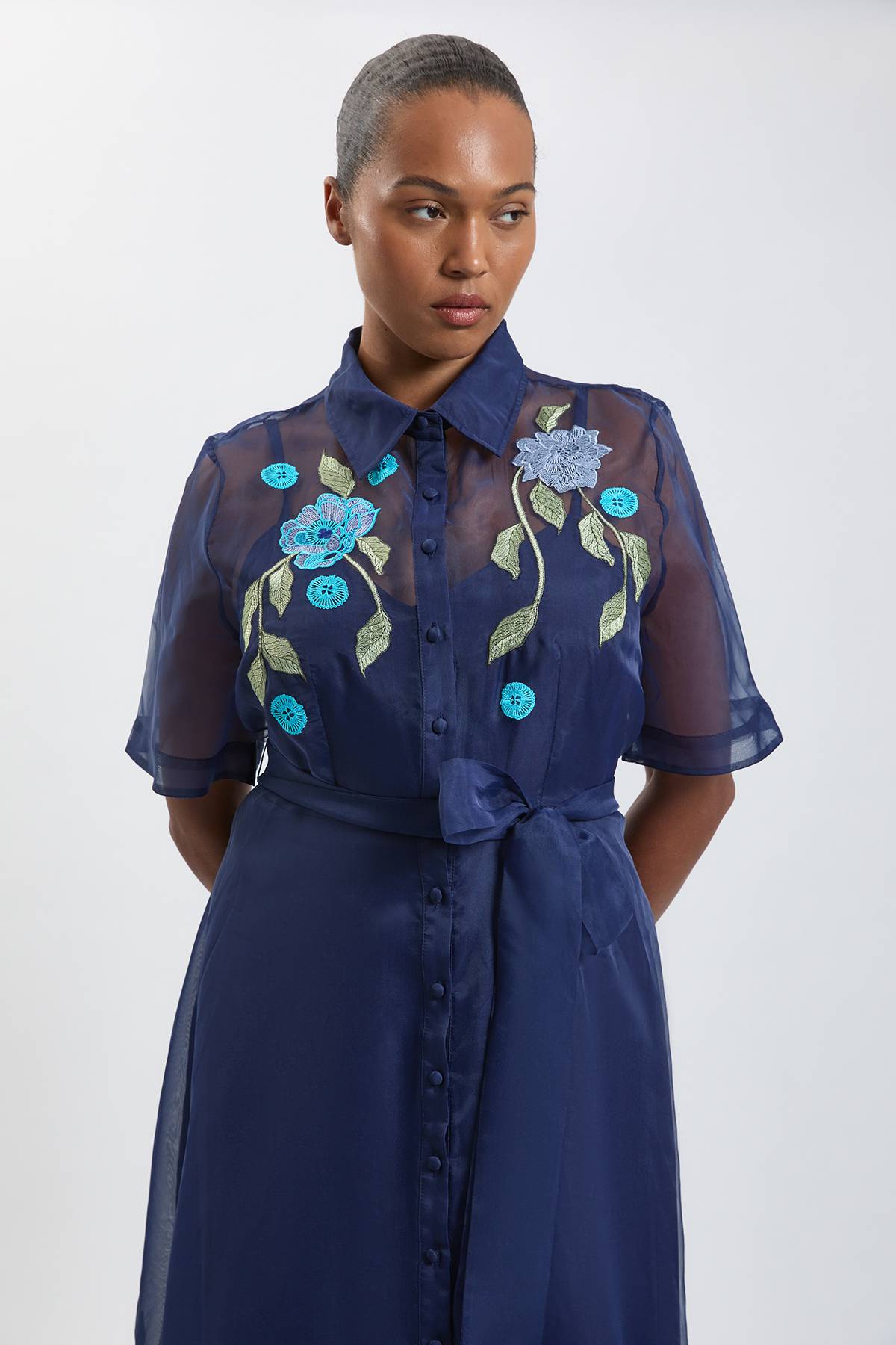 KarenMillen Robe Chemise Grande Taille En Organdi Ceinturée À Détails Brodés