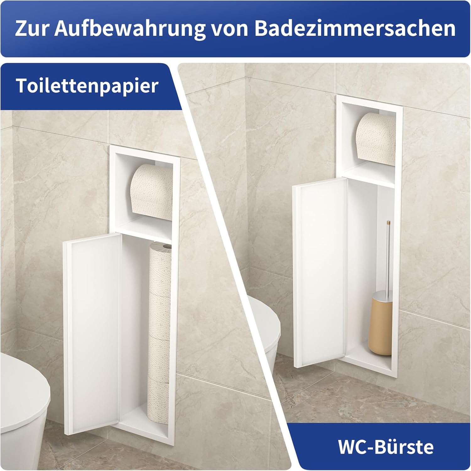 Unterputz-Schrankmodul Edelstahl für die Klobürstengarnitur, Badezimmerschrank mit Toilettenpapierhalter,Mit Schiebetür, 63x15x15 cm, Weiß