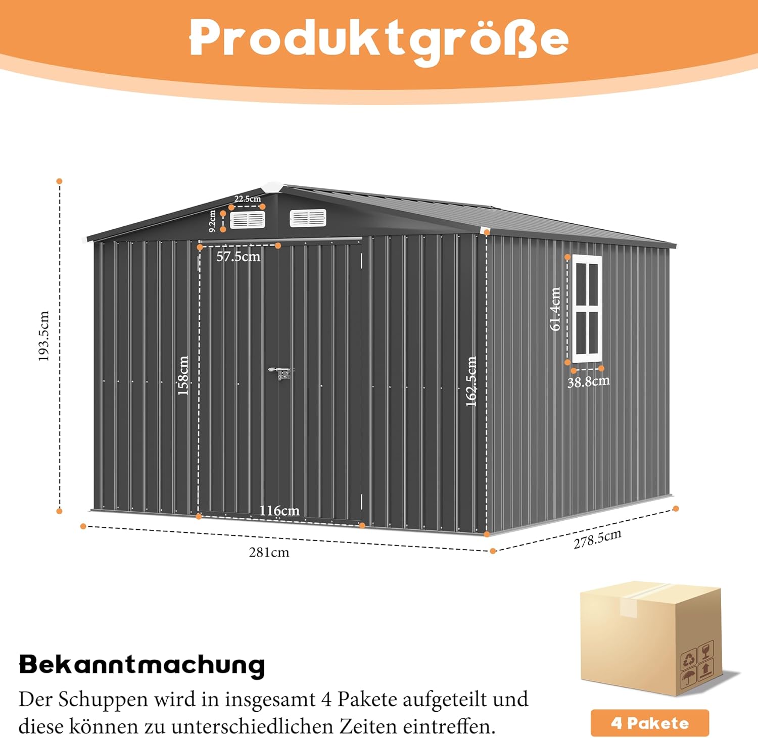 verzinktes Metall Gartenhaus mit Schrägdach 281x278x193cm, Geräteschuppen mit breiter Tür und Querfenster, als Gartenschuppen, Gartenhütte oder Fahrradgarage, 12 m³ Lagerfläche, Schwarz