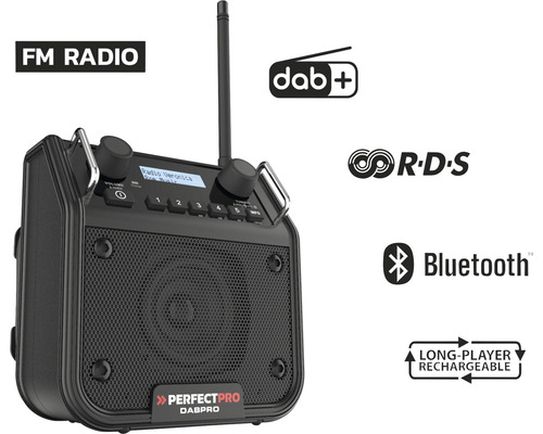 PerfecPro DABPRO bouwplaatsradio, DAB+ en FM-ontvangst, AUX-ingang, MP3, Bluetooth, schokbestendig, IP54, DPR2