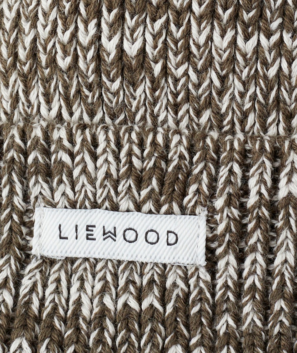 LIEWOODBONNET GINA EN TRICOT CÔTELÉ ET COTON BIO MARRON ET ÉCRU AVEC OREILLES D’OURS