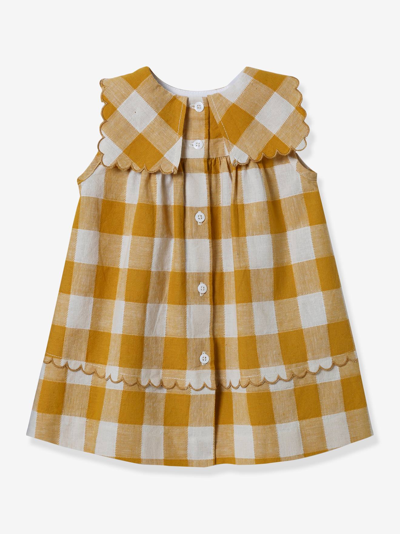 Vestido de bebê xadrez em linho e algodão