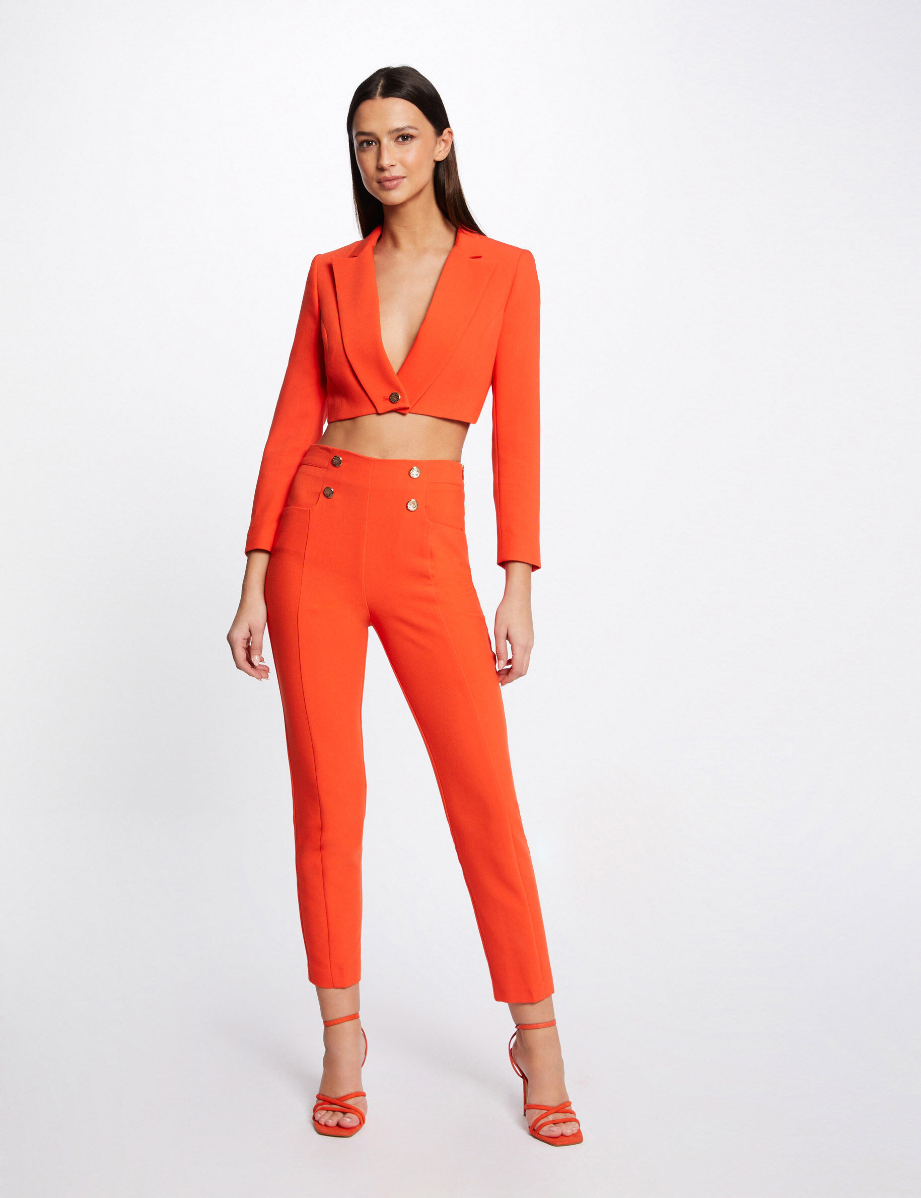 Veste courte droite col cranté à revers orange femme - orange