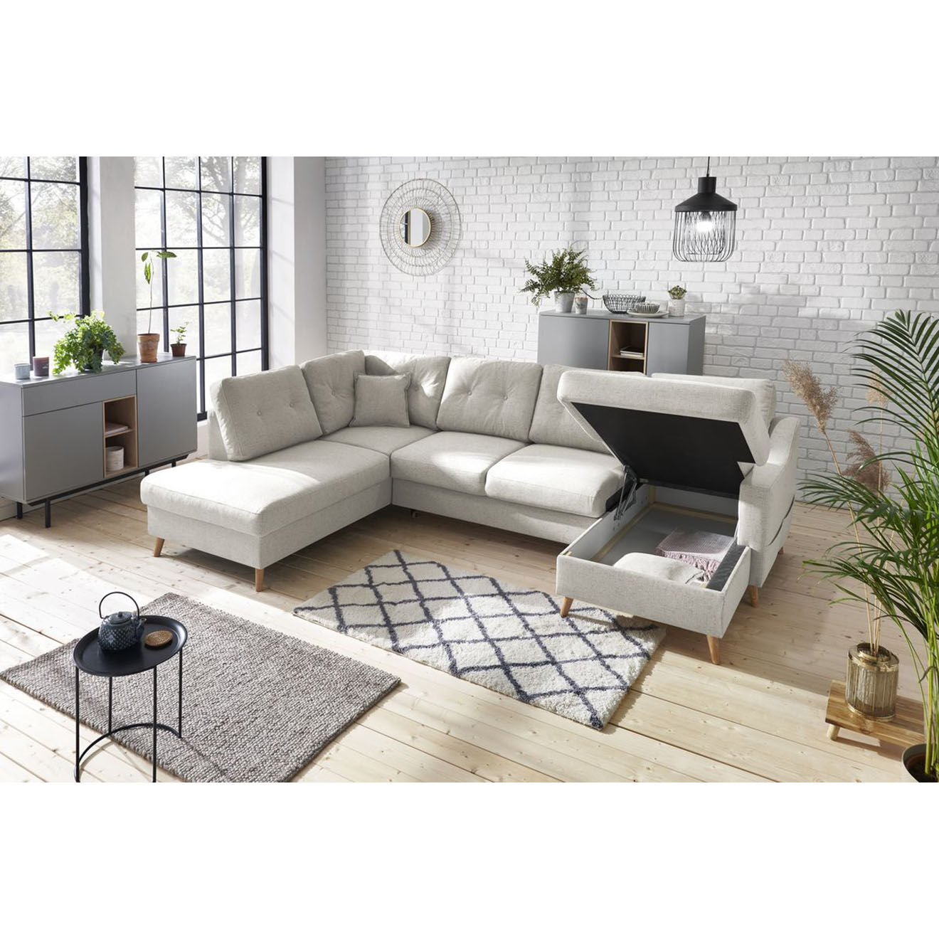 Bobochic Canapé d'angle panoramique convertible droit Sweden lin beige - 300x149/90/198x95 cm