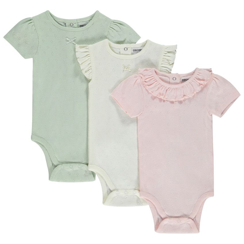 Lot de 3 bodies manches courtes en maille pointel pour bébé fille - Ecru