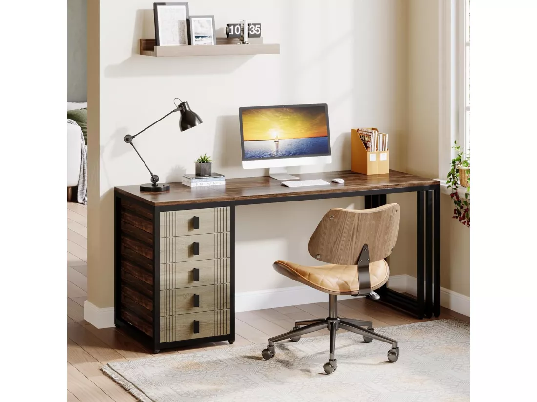 Tribesigns Bureau d'ordinateur avec 5 tiroirs, armoire réversible, en bois moderne, avec rangement, pour la maison, le bureau, la chambre à coucher, marron et chêne