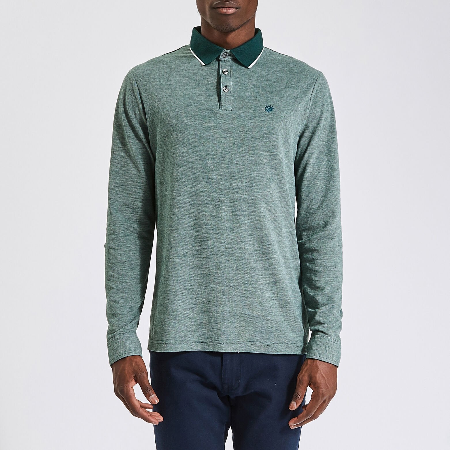 Polo manches longues piqué à col contrasté Vert