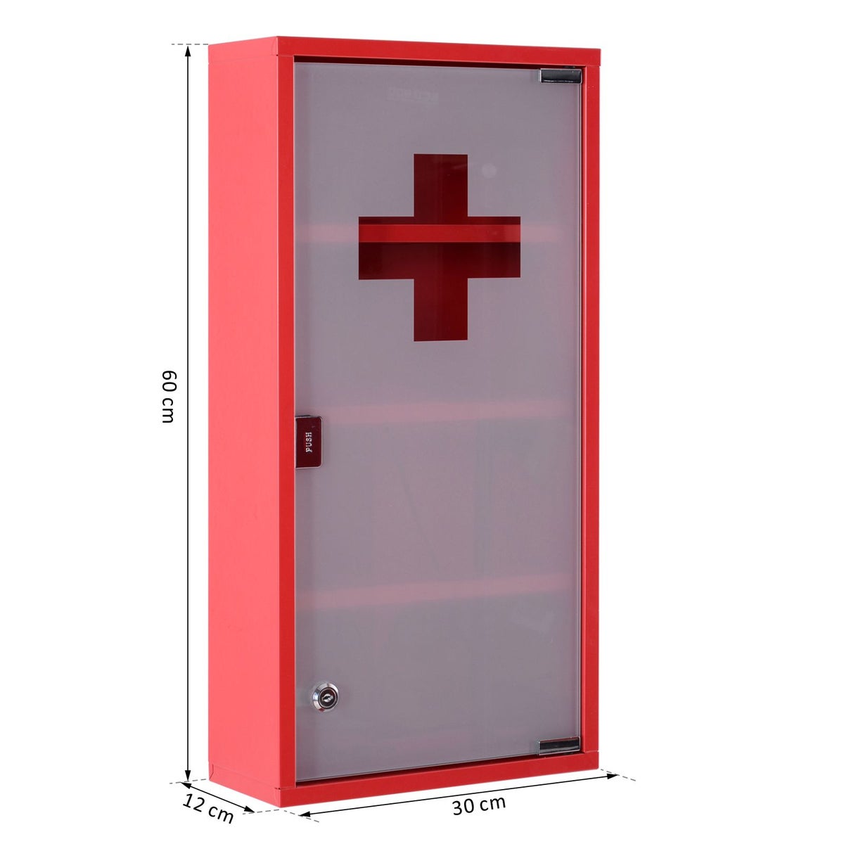 HOMCOM Medicijnkast, Apothekerskast met 3 Planken, EHBO-kast met Slot, Apothekerskast met Matglazen Deur, Staal, Rood, 27 x 57 x 12 cm