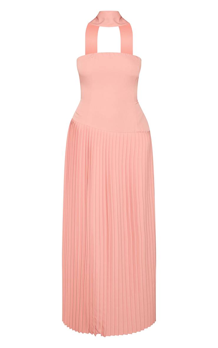 Rose Robe Maxi Plissée Asymétrique En Tissu Tissé