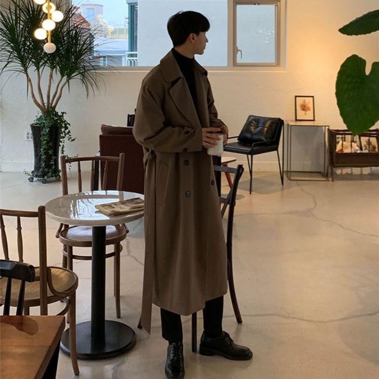 Adotuastic - Reverskraag, effen strikceintuur, dubbele rij knopen, lange trenchcoat