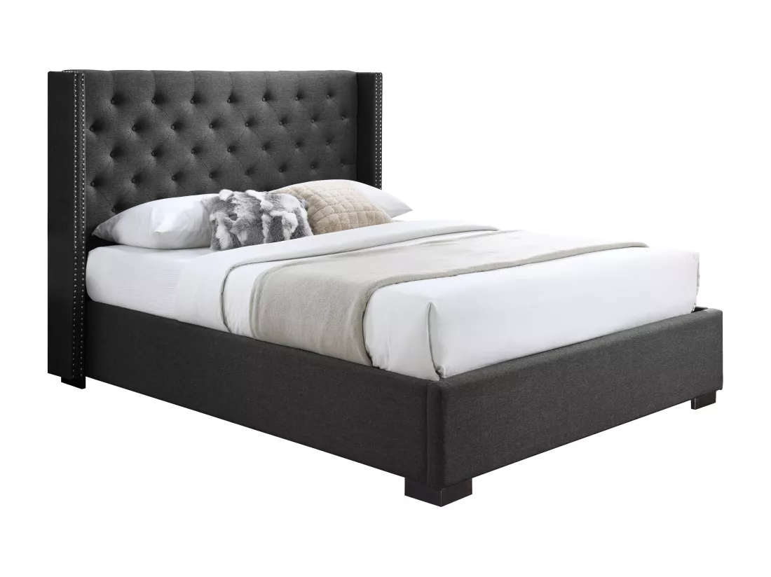 Lit coffre 180 x 200 cm avec tête de lit capitonnée - Tissu - Gris + Matelas - MASSIMO