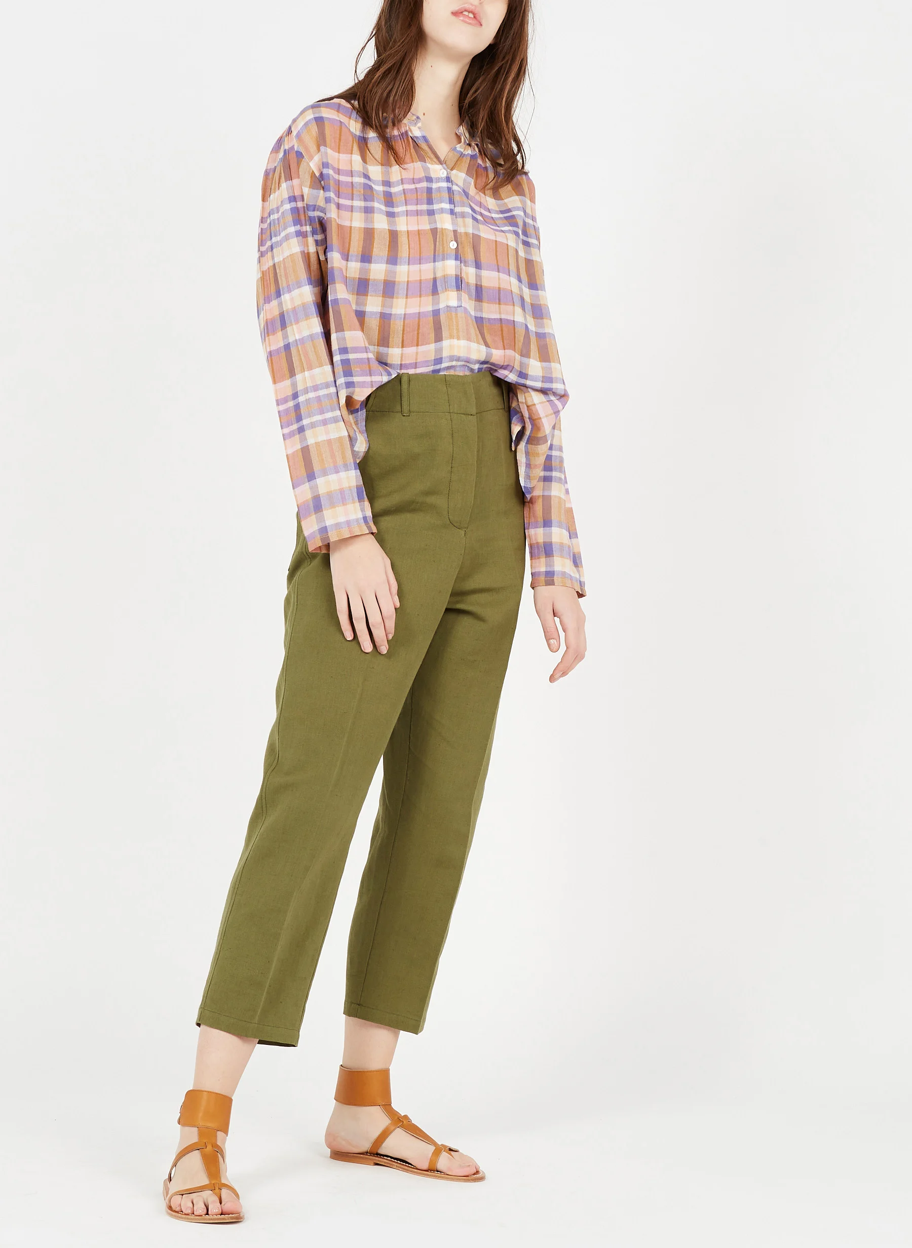 ALAN - Pantalon carotte taille haute en lin et coton | Kaki
