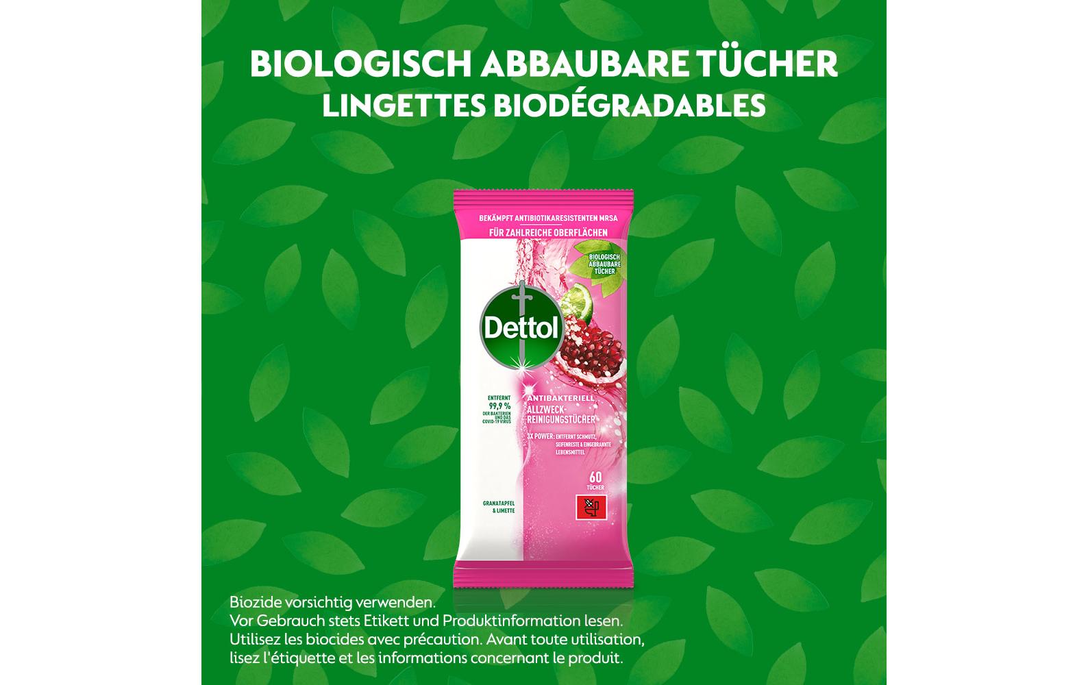 Allzweck-Reinigungstücher Granatapfel & Limette 60 StückAntibakterieller Oberflächenreiniger mit fruchtigem Duft