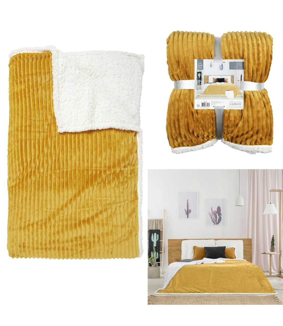 Plaid flanelle côtelé - 180x220cm - Jaune Moutarde