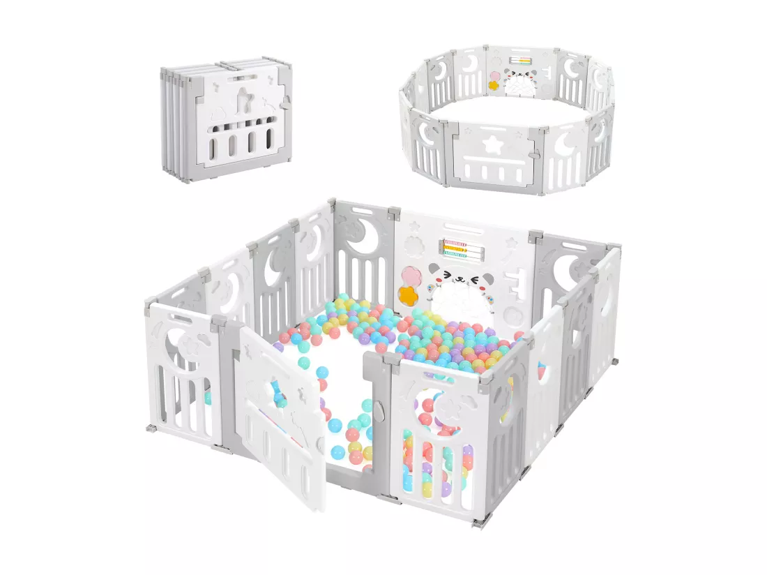 Parc Bébé 12+2 Panneaux,Barrière de Sécurité Portail,Grille de Protection en Plastiqu Ecologiques,150x150x62cm - Gris