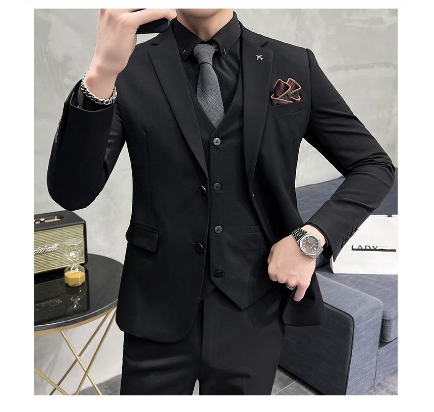Deepwood - Set: effen enkelrijs blazer + vest + rechte pantalon