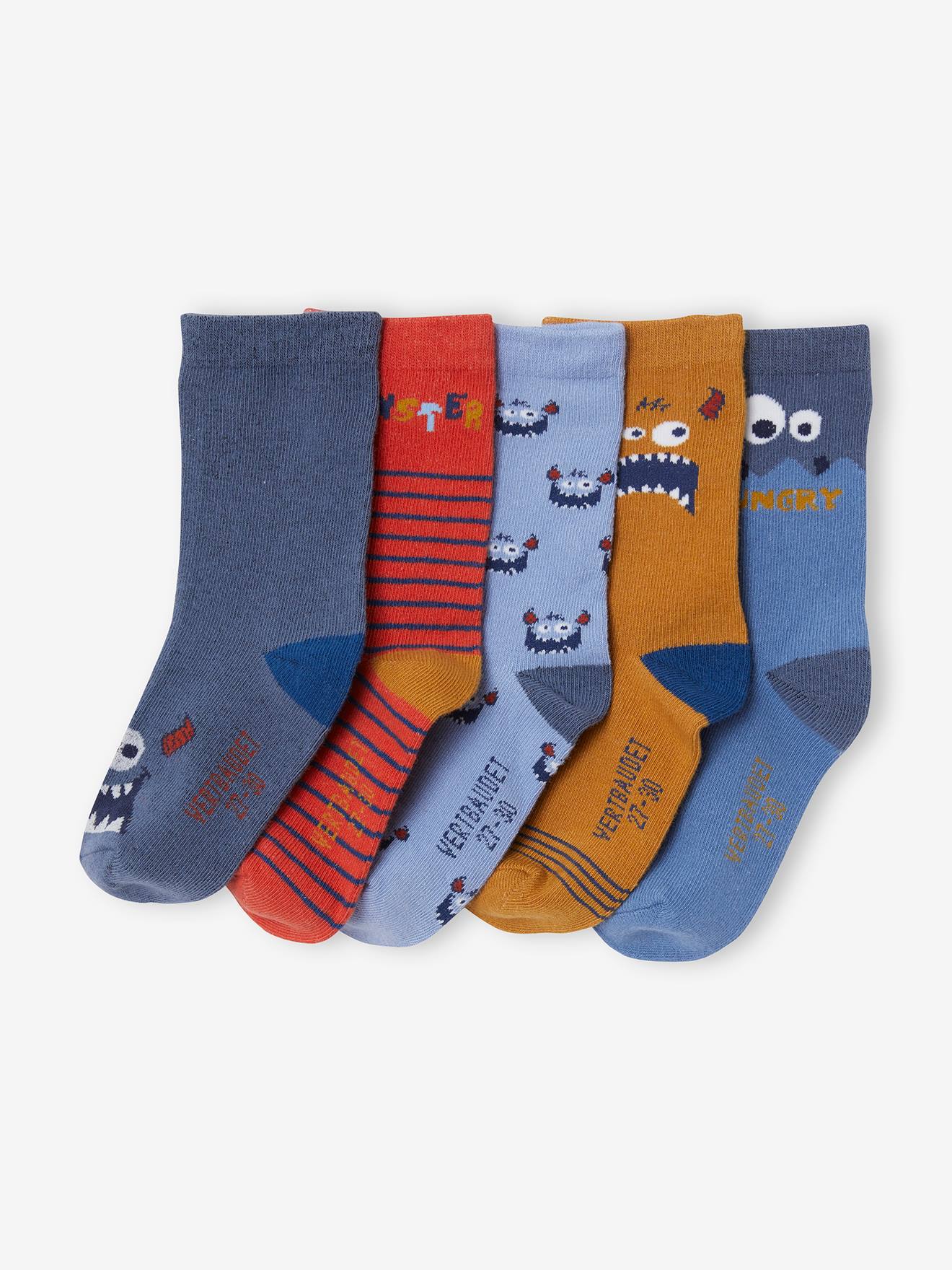 Pacote com 5 pares de meias Monsters, azul médio, bicolor/multicoloridas