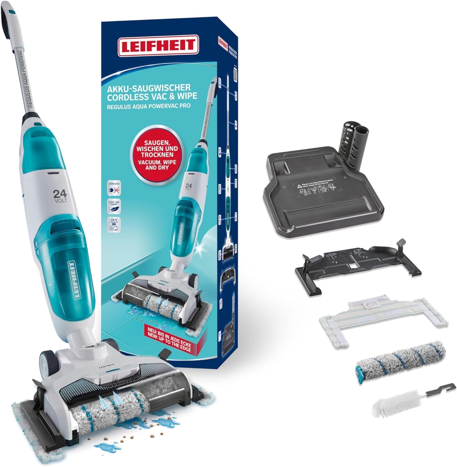 Leifheit Set Akku Saugwischer Regulus Aqua PowerVac inkl. zwei Ersatzrollen, saugen und wischen, Nasssauger mit leistungsstarken 24V, kabelloser Waschsauger mit Standfunktion, 22 min Akku-Laufzeit