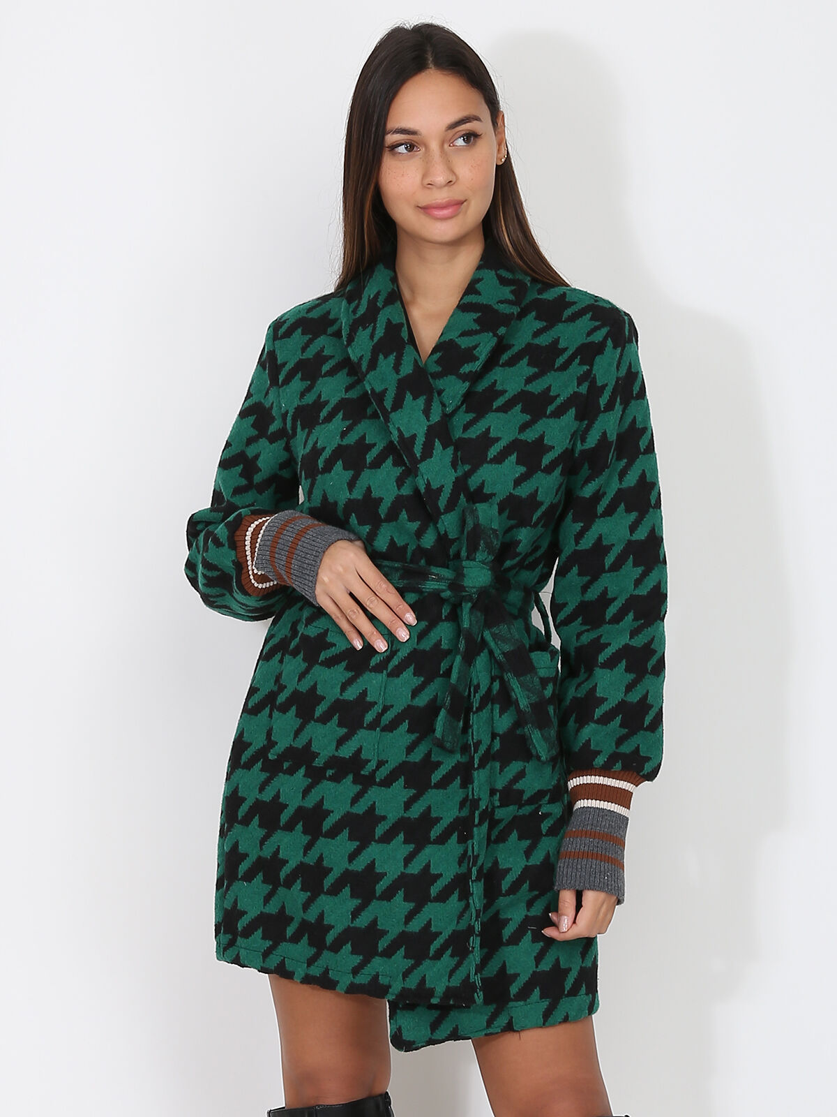 Manteau ceinturé à motif pied-de-poule- Noir / Vert