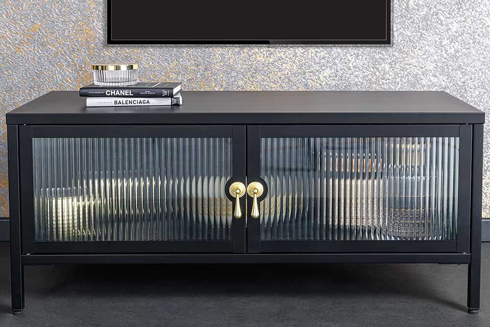 Modernes TV-Lowboard AMSTERDAM 90cm schwarz gold Riffelglas Metall Vitrine Schrank