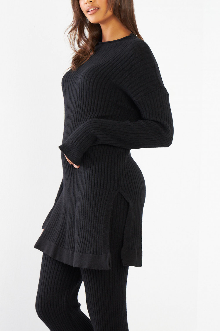 Ensemble 2 pièces pull + pantalon noir en laine côtelé