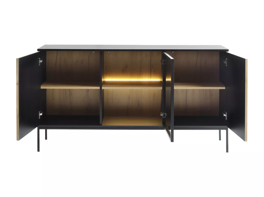 Buffet 3 portes avec LEDs en MDF et verre fumé - Noir et Naturel - OVILA