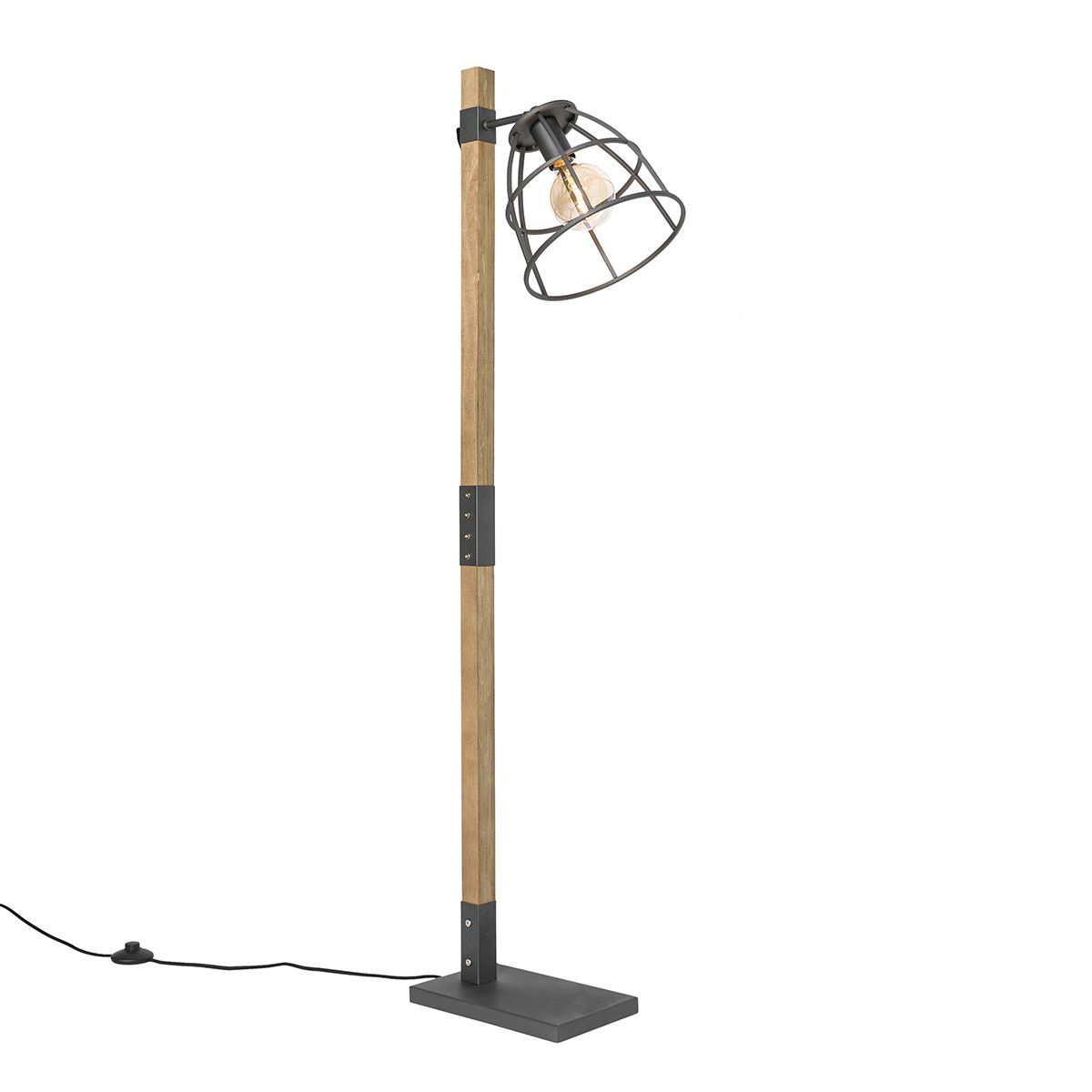 Industriële vloerlamp donkergrijs met hout - Arthur