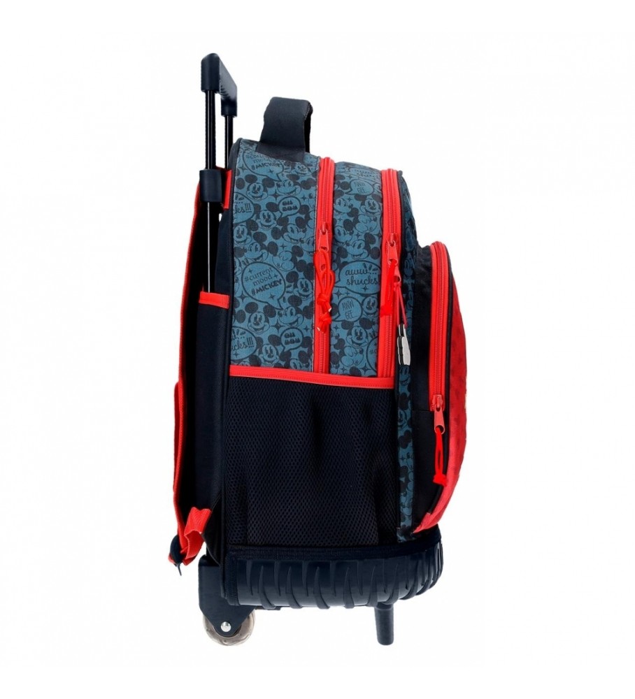 Mochila Joumma Bags Mickey Get Moving com duas rodas e dois compartimentos, vermelha e azul - 32x45x21cm -